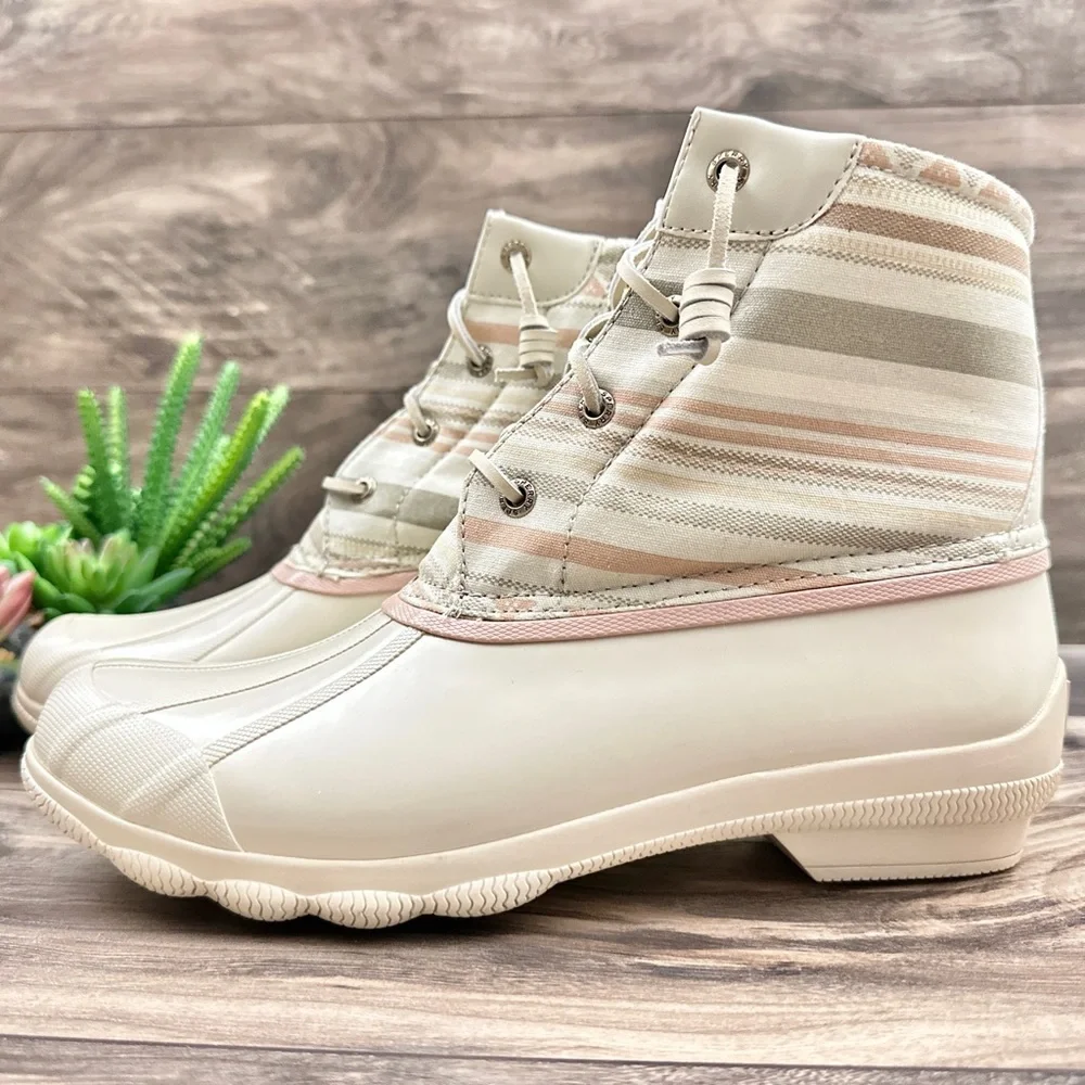 NIB Sperry Syren Gulf Playa Tan Striped Geometric Waterproof Duck Rain Boots - Picture 5 of 15